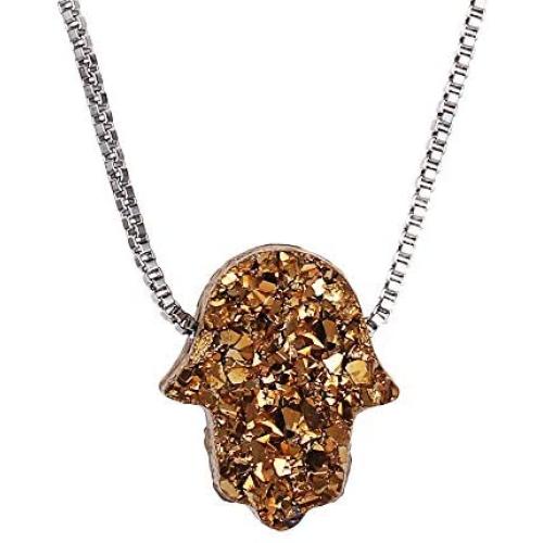 ShinyJewelry 925 Sterling Silver Fashion Box Chain Sparkly druzy Stone Necklaces Hamsa Hand Pendant Necklace for Women