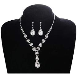 LOYALLOOK Bridal Rhinestone Teardrop Statement Necklace Bracelets and Dangle Earrings Jewerry Sets for Proms Weddings