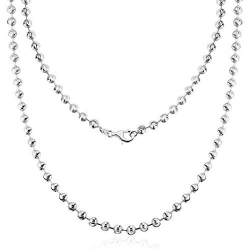 AINUOSHI Rhodium Plated Sterling Silver 2.5-5.0mm Solid 925 Italy Moon Cut Chain Necklace Italian Bead Ball Chain Necklace, Men & Women, 16-28 Inches