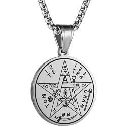 HZMAN Vintage Hebrew Esoteric Tetragrammaton Stainless Steel Pentagram Pendant Necklace 22 + 2 Inch Chain
