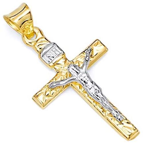GoldenMine Fine Jewelry Collection 14k Two Tone Gold Crucifix Cross Religious Charm Pendant