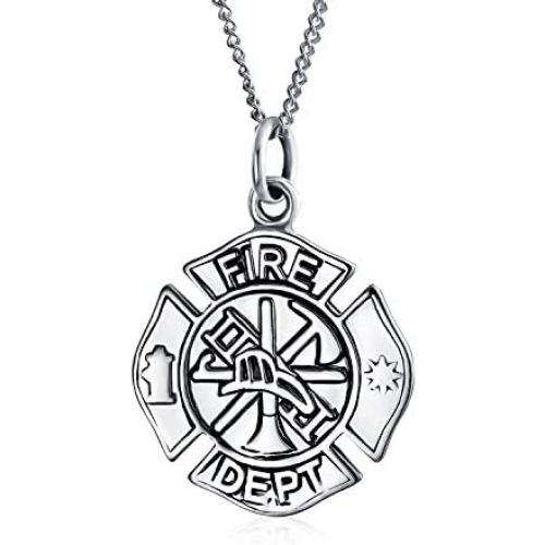 Personalized Medal Firefighter Fire Dept Shield Medallion Pendant Necklace For Women Firemens Wife 925 Sterling Silver