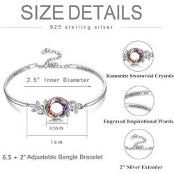 AOBOCO Sterling Silver Bangle Bracelet for Women with Swarovski Crystal - Beautiful You - Inspirational Leaf Floral Christmas Jewelry Gift for Her