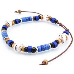 BlueRica Adjustable, Hawaiian Coconut Wood Beads Bracelet with Fimo Tubes and Tiger Puka Shell Beads