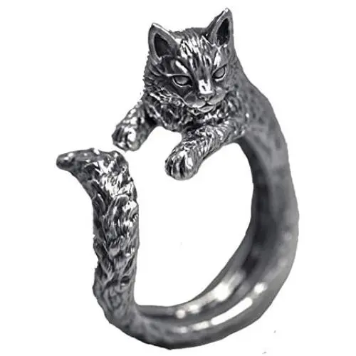 Cat ring, retro silver-plated cute animal cat tail adjustable ring girl cat lover gift Cat ring, retro silver-plated cute animal cat tail adjustable ring girl cat lover gift