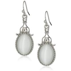 1928 Jewelry Silver-Tone Crystal And White Cat Eye Oval Drop Earrings