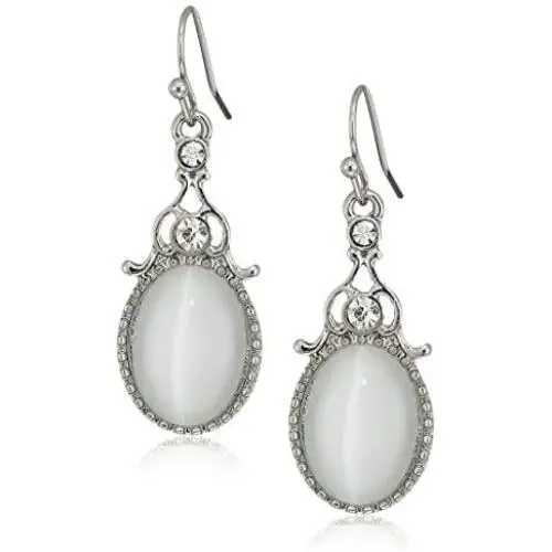 1928 Jewelry Silver-Tone Crystal And White Cat Eye Oval Drop Earrings 1928 Jewelry Silver-Tone Crystal And White Cat Eye Oval Drop Earrings