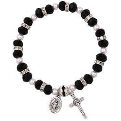 Rosemarie Collections Womens Beaded Stretch Rosary Bracelet with Crucifix and Miraculous Medal