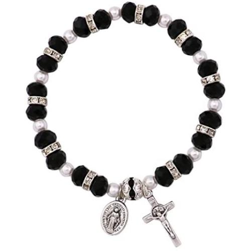 Rosemarie Collections Womens Beaded Stretch Rosary Bracelet with Crucifix and Miraculous Medal