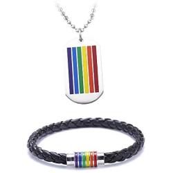 Jakob Miller Rainbow Necklace and Bracelet Set Stainless Steel Dog Tag Pendant Necklace and Handmade Magnet LGBT Pride Leather Bracelet for Unisex