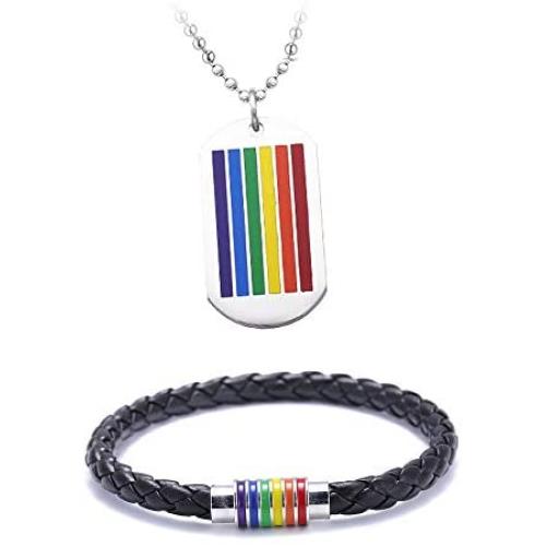 Jakob Miller Rainbow Necklace and Bracelet Set Stainless Steel Dog Tag Pendant Necklace and Handmade Magnet LGBT Pride Leather Bracelet for Unisex