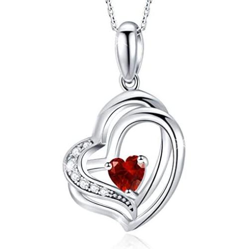 Birthstone Necklaces for Women Sterling Silver Birthstone Cubic Zirconia CZ Heart Pendant Necklace Fashion Jewelry Anniversary Birthday Gifts for Girls Her Mom Wife Daughter Yourself, 16+2 Inches