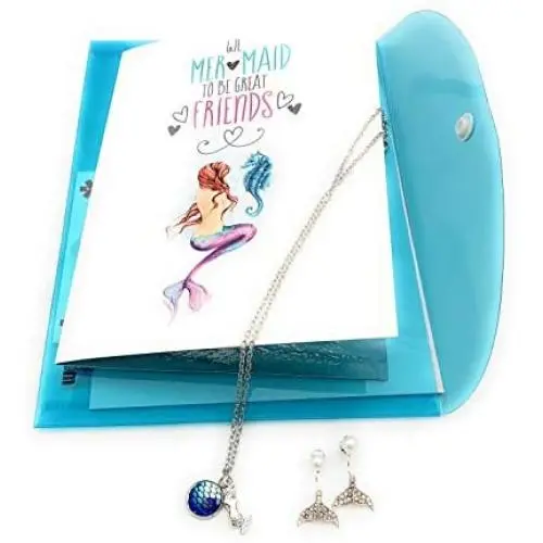 Smiling Wisdom - We Mer-maid to Be Friends Greeting Card Gift Set - Blue Green Scale Mermaid Necklace and Drop Stud Sparkle Earrings Cute Jewelry for Girls, Tween, Teen, Woman Friend - Silver Blue