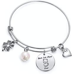 TzrNhm Blossom Best Cat Mom Ever Bangle Bracelet for Cat Lover,Mom,Sister,Friends Cat Keychain