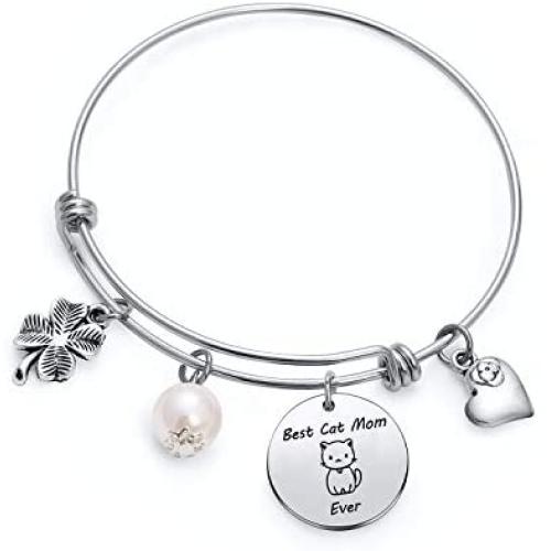 TzrNhm Blossom Best Cat Mom Ever Bangle Bracelet for Cat Lover,Mom,Sister,Friends Cat Keychain