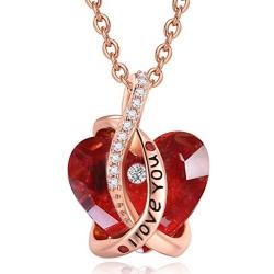 I Love You Jewelry with Ruby Red/Sapphire Blue Heart Birthstone Crystal, Rose Gold/Silver Tone Plating Pendant Valentines Day Necklaces for Women Wife Girls Girlfriend Gifts, 18+2