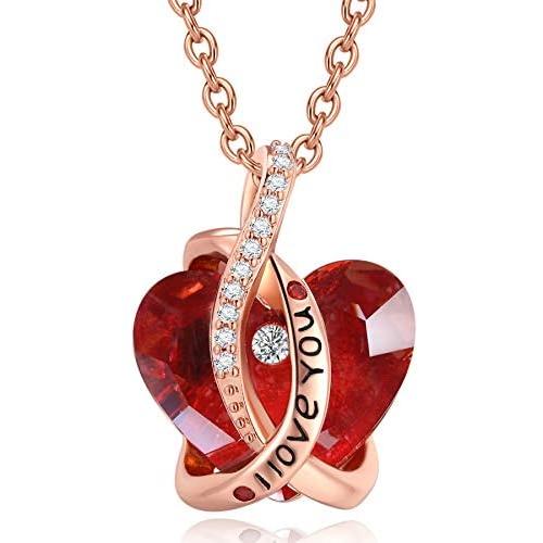 I Love You Jewelry with Ruby Red/Sapphire Blue Heart Birthstone Crystal, Rose Gold/Silver Tone Plating Pendant Valentines Day Necklaces for Women Wife Girls Girlfriend Gifts, 18+2