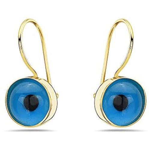 14K Yellow Gold Blue Evil Eye Drop Earrings For Women