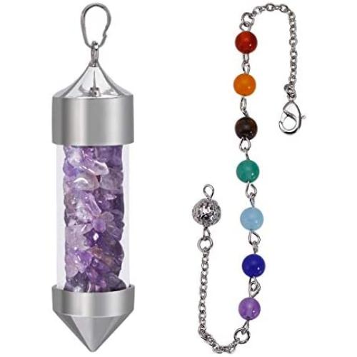 SUNYIK Stone Chip Wish Bottle Pendant with Necklace for Unisex, 7 Chakra Stone Chain Pyramid Point Pendulum Healing Dowsing Reiki