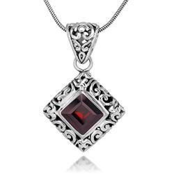 Sterling Silver Filigree Red Garnet Gemstone Square Pendant Necklace w/ 18'' Silver Chain