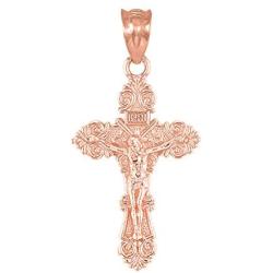 Religious Jewelry by FDJ Dainty 10k Rose Gold Floral Design Cross Charm Pendant