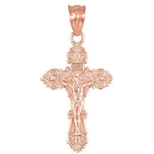 Religious Jewelry by FDJ Dainty 10k Rose Gold Floral Design Cross Charm Pendant