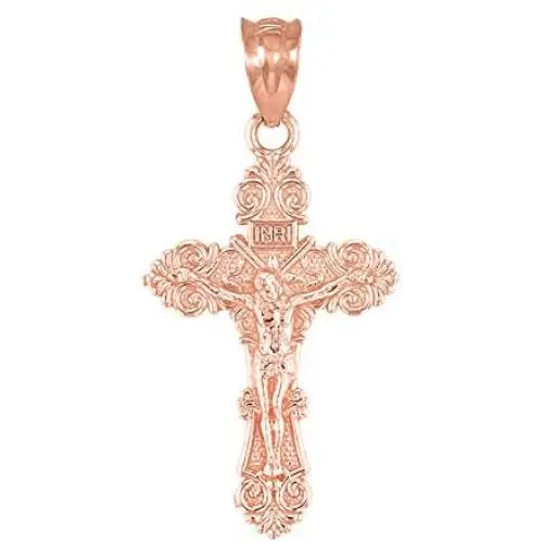 Religious Jewelry by FDJ Dainty 10k Rose Gold Floral Design Cross Charm Pendant Religious Jewelry by FDJ Dainty 10k Rose Gold Floral Design Cross Charm Pendant