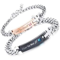 Redrain 2Pcs Couples Bracelets His and Hers Matching Set Stainless Steel Chain Adjustable Personalized Promise Gifts Jewelry