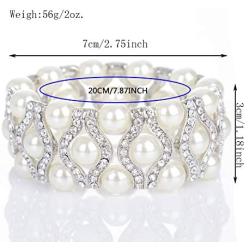 Pearl Stretch Bracelets , 3-Rows Simulated Pearls and Eye Shaped Knot Austrian Crystal Elastic Stretch Bangle for Wedding