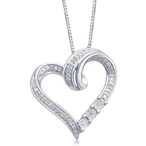 Jewelili Sterling Silver 1/10 Cttw Natural White Round Diamond Heart Shape Pendant Necklace, 18'' Box Chain