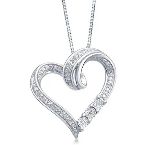 Jewelili Sterling Silver 1/10 Cttw Natural White Round Diamond Heart Shape Pendant Necklace, 18'' Box Chain Jewelili Sterling Silver 1/10 Cttw Natural White Round Diamond Heart Shape Pendant Necklace, 18'' Box Chain