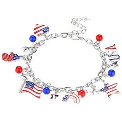 LUX ACCESSORIES Silver America Americana 4th of July American Pride Flag Map Red Blue Stars USA Chain Bracelet