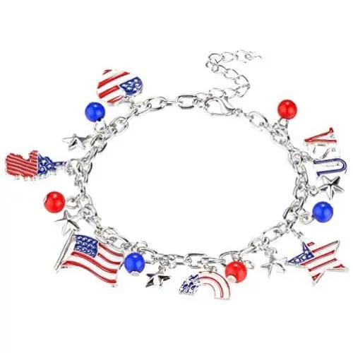 LUX ACCESSORIES Silver America Americana 4th of July American Pride Flag Map Red Blue Stars USA Chain Bracelet