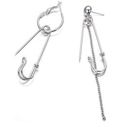 Asymmetric Safety Pin Chain U Shaped Long Tassels Dangle Earrings for Women Circle Drop Earrings Long Chain Punk Jewelry