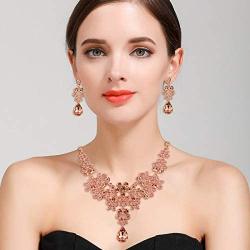 BriLove Wedding Bridal Jewelery Set for Women Rhinestone Butterfly Filigree Statement Necklace Dangle Earrings Peach Morganite Color Rose-Gold-Toned