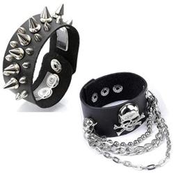 Top Plaza Mens Womens Black Genuine Leather Bracelets Necklaces Jewelry Set Metal Spike Studded Punk Rock Skull Biker Adjustable Cuff Bracelet Choker Necklace