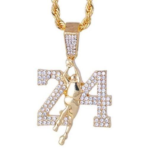 14k Gold Tone Iced Out Hip Hop Pendant (Basketball Necklace) with Choice of 24'' Rope Chain or 20'' 4mm Tennis Chain - Available in Slam Dunk, 23, Basketball Hoop, Goat, and Basketball Jersey