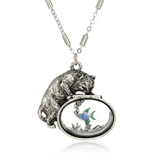 1928 Jewelry Womens Pewter Cat w/Blue Enamel Fish in Glass Fishbowl 30 inch Necklace, Silver, One Size 1928 Jewelry Womens Pewter Cat w/Blue Enamel Fish in Glass Fishbowl 30 inch Necklace, Silver, One Size