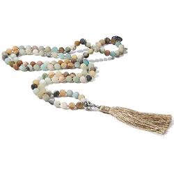 BALIBALI 108 Mala Beads Necklace Semi-Precious Gem Stones Meditation Necklace 108 Hand Knotted Japa Mala Beaded Tassel Necklace with Tree of Life Pendant