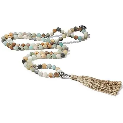 BALIBALI 108 Mala Beads Necklace Semi-Precious Gem Stones Meditation Necklace 108 Hand Knotted Japa Mala Beaded Tassel Necklace with Tree of Life Pendant