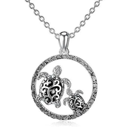 MBSUUH 925 Sterling Silver Family Vintage Turtle Necklace for WomenDouble Heart Sea Turtle Necklace Gift for Her Valentines Day