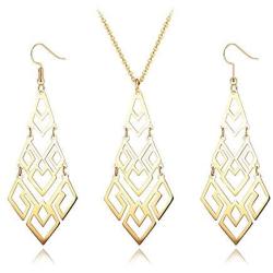 Hanpabum 1 Set Stainless Steel Pendant Necklace and Drop Dangle Earrings Set for Women Gold/Silver Tone Statement Long Necklace Fashion Jewelry Set