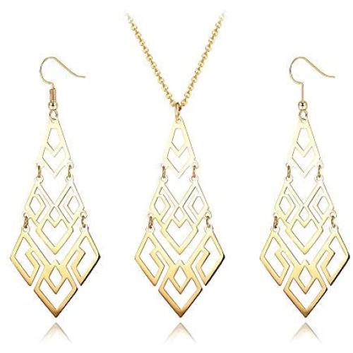 Hanpabum 1 Set Stainless Steel Pendant Necklace and Drop Dangle Earrings Set for Women Gold/Silver Tone Statement Long Necklace Fashion Jewelry Set