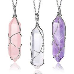 Yaomiao 3 Pieces Crystal Necklaces, Quartz Pendant Energy Healing Crystal Necklace Natural Hexagonal Gemstone Pendant for Women Girls