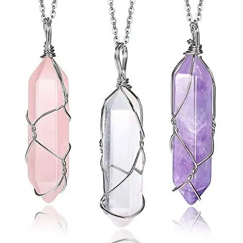 Yaomiao 3 Pieces Crystal Necklaces, Quartz Pendant Energy Healing Crystal Necklace Natural Hexagonal Gemstone Pendant for Women Girls