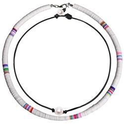 The Woos 2 Pcs African Vinyl Disc Beaded Pearl Necklaces Waterproof Braided Leather Necklace Wax Rope Chain Set Handmade Summer Beach Ethnic Style for Women Jewelry
