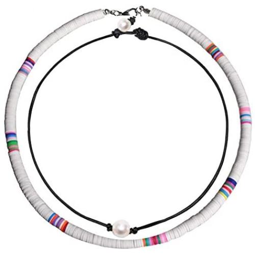 The Woos 2 Pcs African Vinyl Disc Beaded Pearl Necklaces Waterproof Braided Leather Necklace Wax Rope Chain Set Handmade Summer Beach Ethnic Style for Women Jewelry