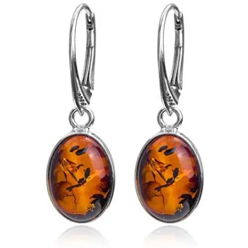 Amber Sterling Silver Oval Leverback Earrings