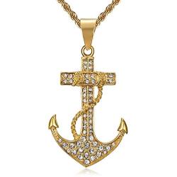 Lee Island Fashion 24K Gold Plated Simulated Diamond CZ Fully Vintage Nautical Anchor Pendant Stainless Steel Necklace For Men, 24 Inch Chain Jewelry