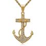 Lee Island Fashion 24K Gold Plated Simulated Diamond CZ Fully Vintage Nautical Anchor Pendant Stainless Steel Necklace For Men, 24 Inch Chain Jewelry